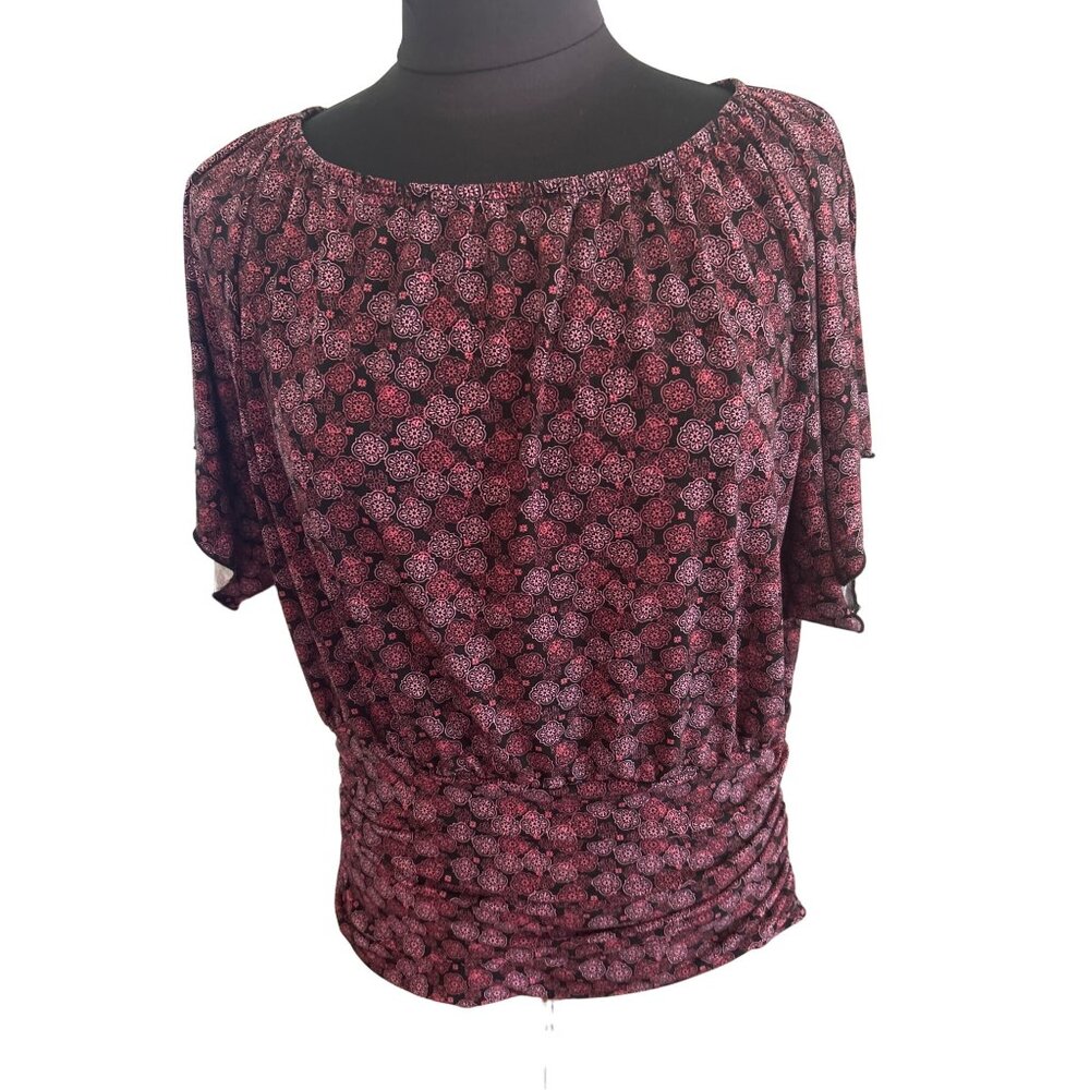 Worthington Petite Stretch Black and Pink Short Dolman Sleeve Top, Size Large